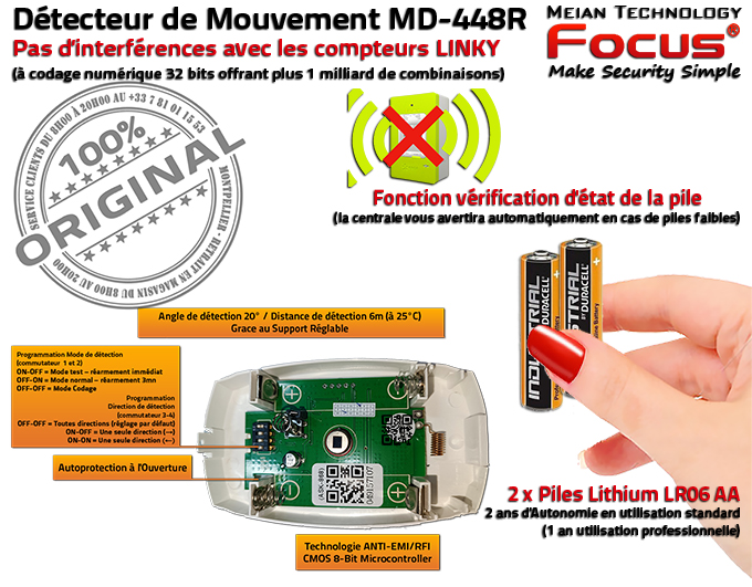 MD-448R DMT Détecteur de Mouvement et d'intrusion Alarme Connectée Systèmes de Sécurité 433 MHz Meian
